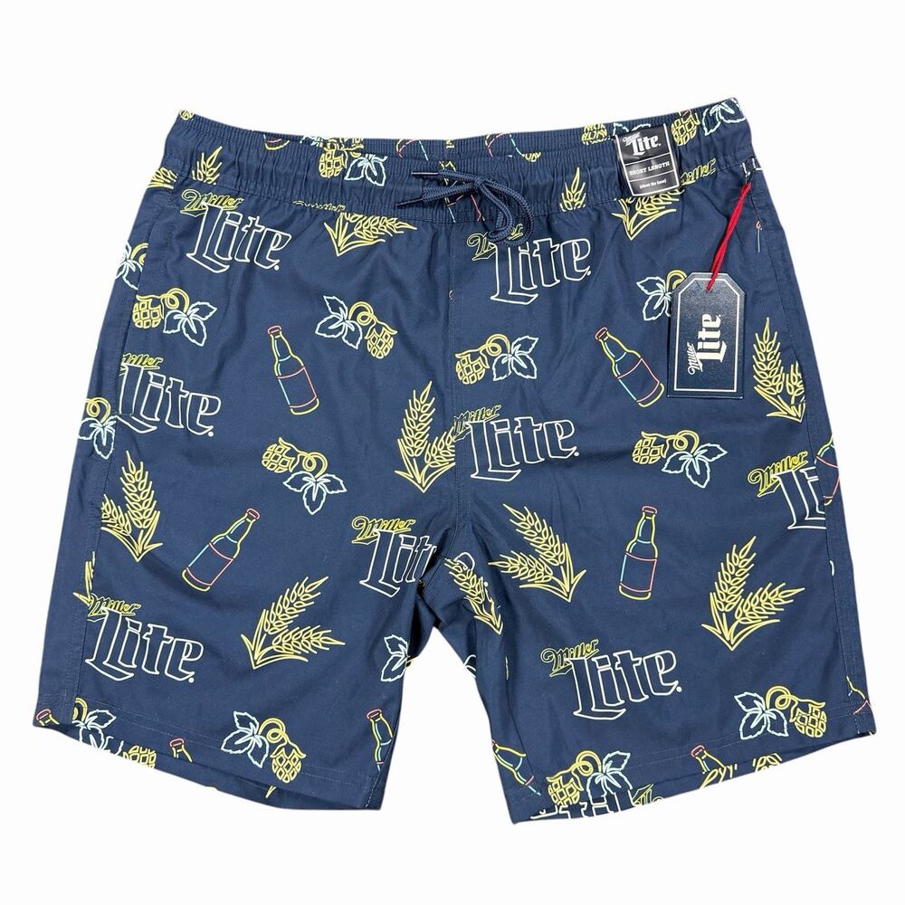Miller Lite Swim Trunks Men’s Medium Blue Beer Logo Print 7” Inseam Shorts NWT